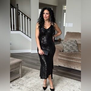 Express Black Sequin Slip Midi Dress S